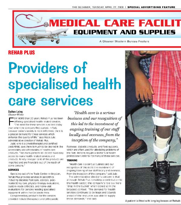 Newspaper page titled “Medical Care Facilities Equipment and Supplies” featuring an article about Rehab Plus providing specialized health care services, with a photo of a patient fitted with long leg braces.