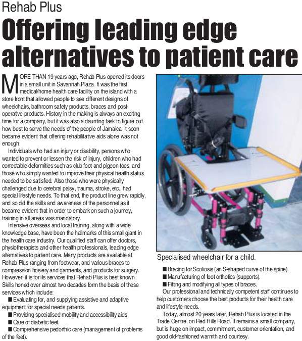 Article titled ‘Rehab Plus: Offering leading edge alternatives to patient care’ with detailed text about the company’s history, services, and products. Includes a photograph of a specialized wheelchair for a child, featuring a black and pink design with a tray table.